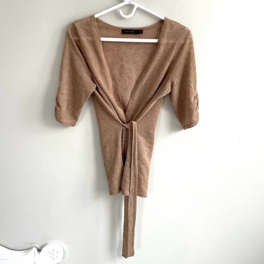 THE LIMITED TAN LINEN BLEND CARDIGAN RUCHED SLEEVES TIE CLOSURE SMOCKED
